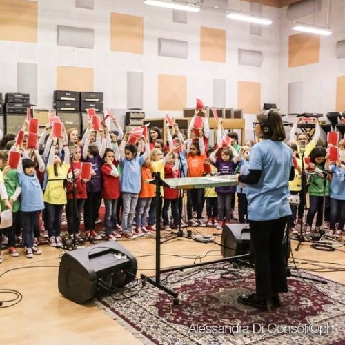 "Today, Say No To Child Labour" Maria Olivero with the Piccoli Cantori di Milano Choir directed by Laura Marcora, recording at Officine Meccaniche Studio - photo by Alessandra di Consoli.